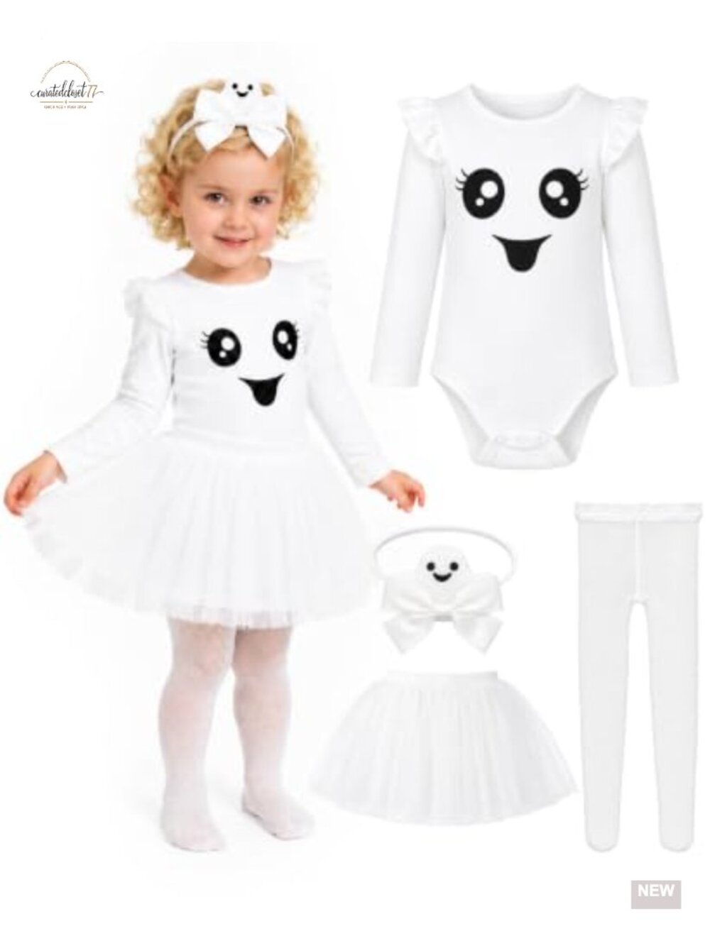 Toddler Girl Ghost Costume 4-Piece Bodysuit Tutu Headband Tights Halloween